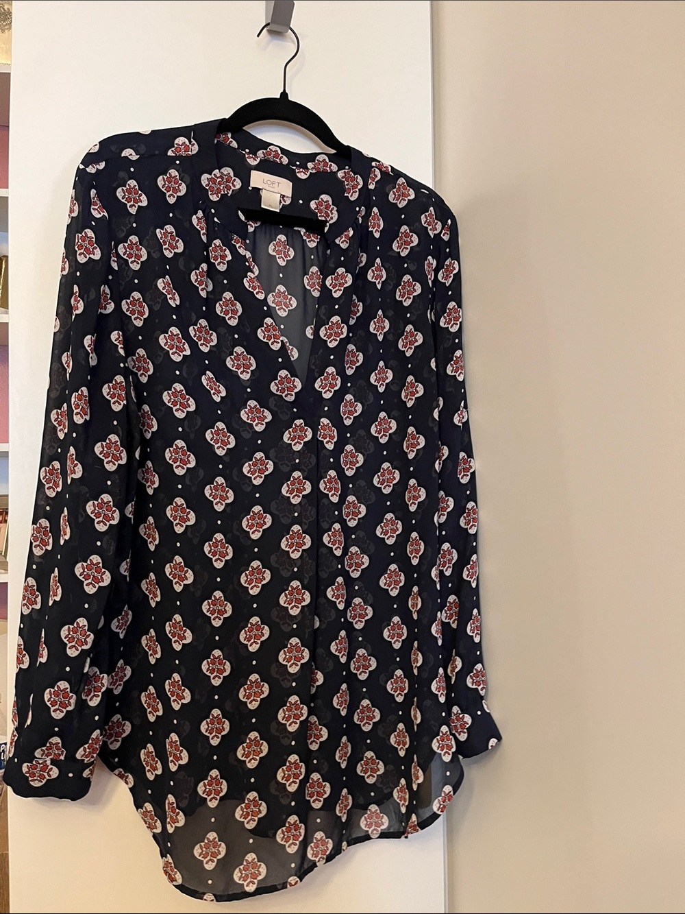 LOFT Navy Floral Print Button-Down Blouse